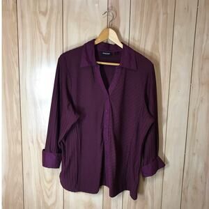 Avenue Stretch Purple Collared V-Neck Button-Down Cuffed Long Sleeve Top 18/20